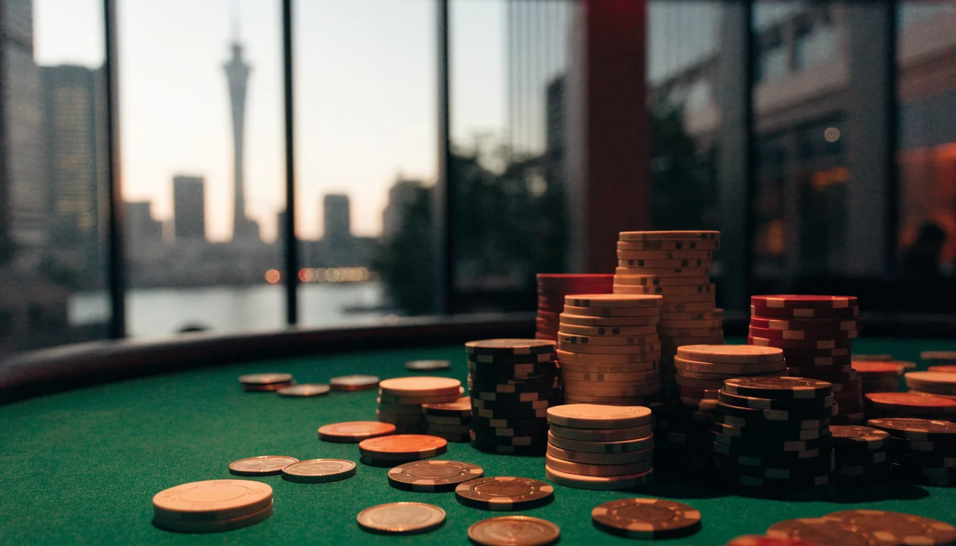 Casino chips on green felt table against blurred Auckland Sky Tower view