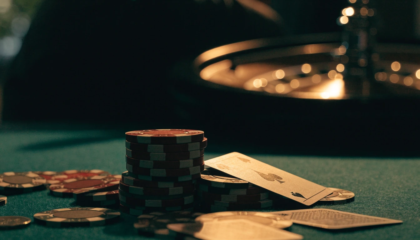 Casino chips and playing cards on a green felt table with a roulette wheel in the background.
