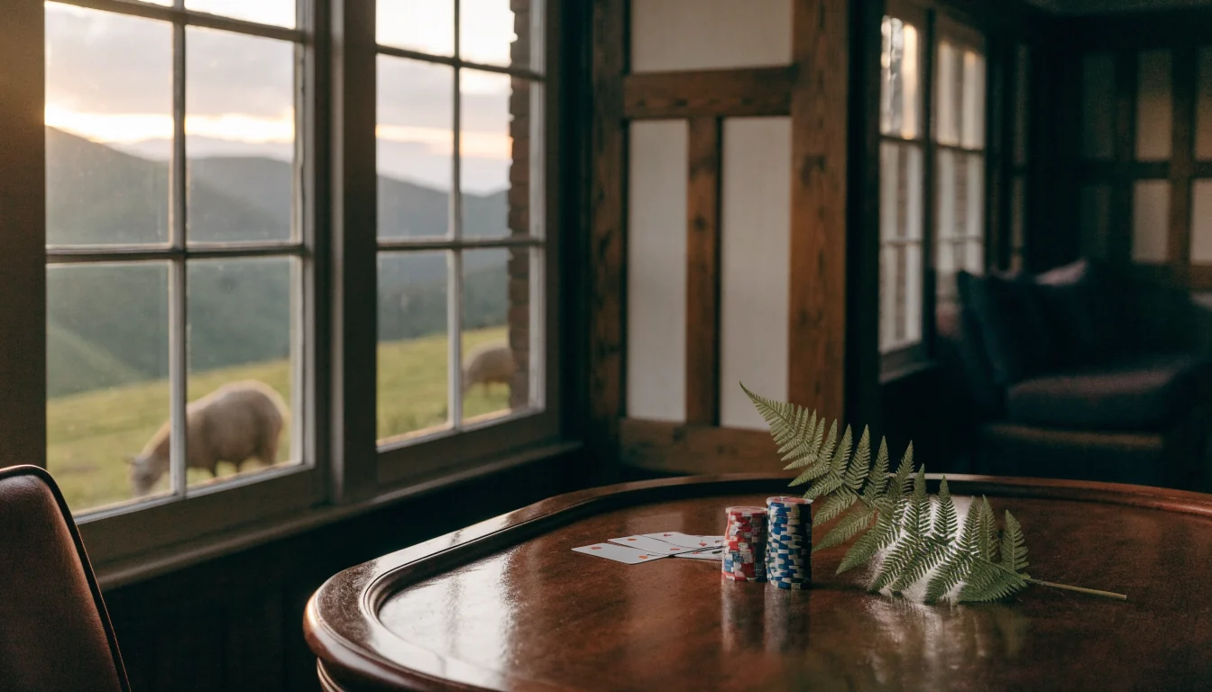 Casino chips and cards on a wooden table with New Zealand hills visible through a window
