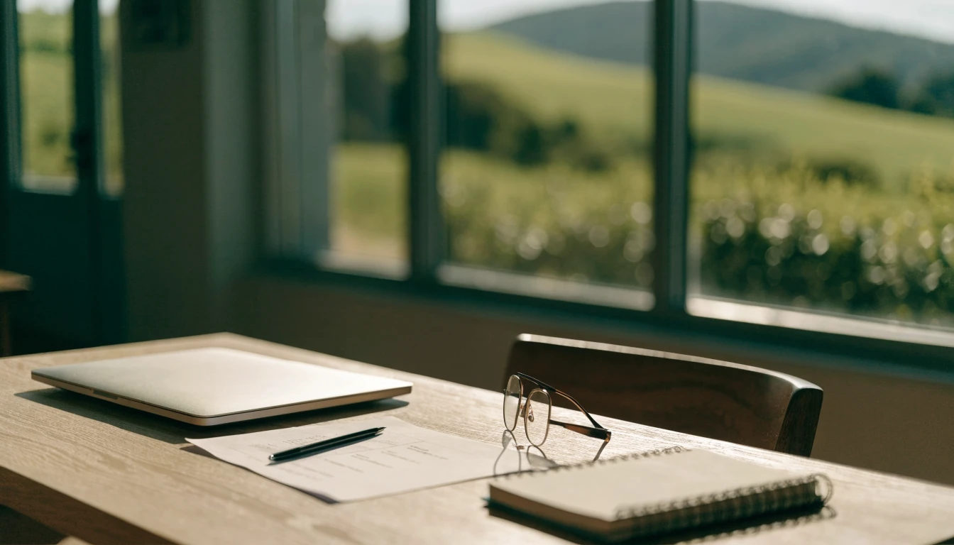 Closed laptop and printed checklist on a wooden desk with New Zealand hills outside the window