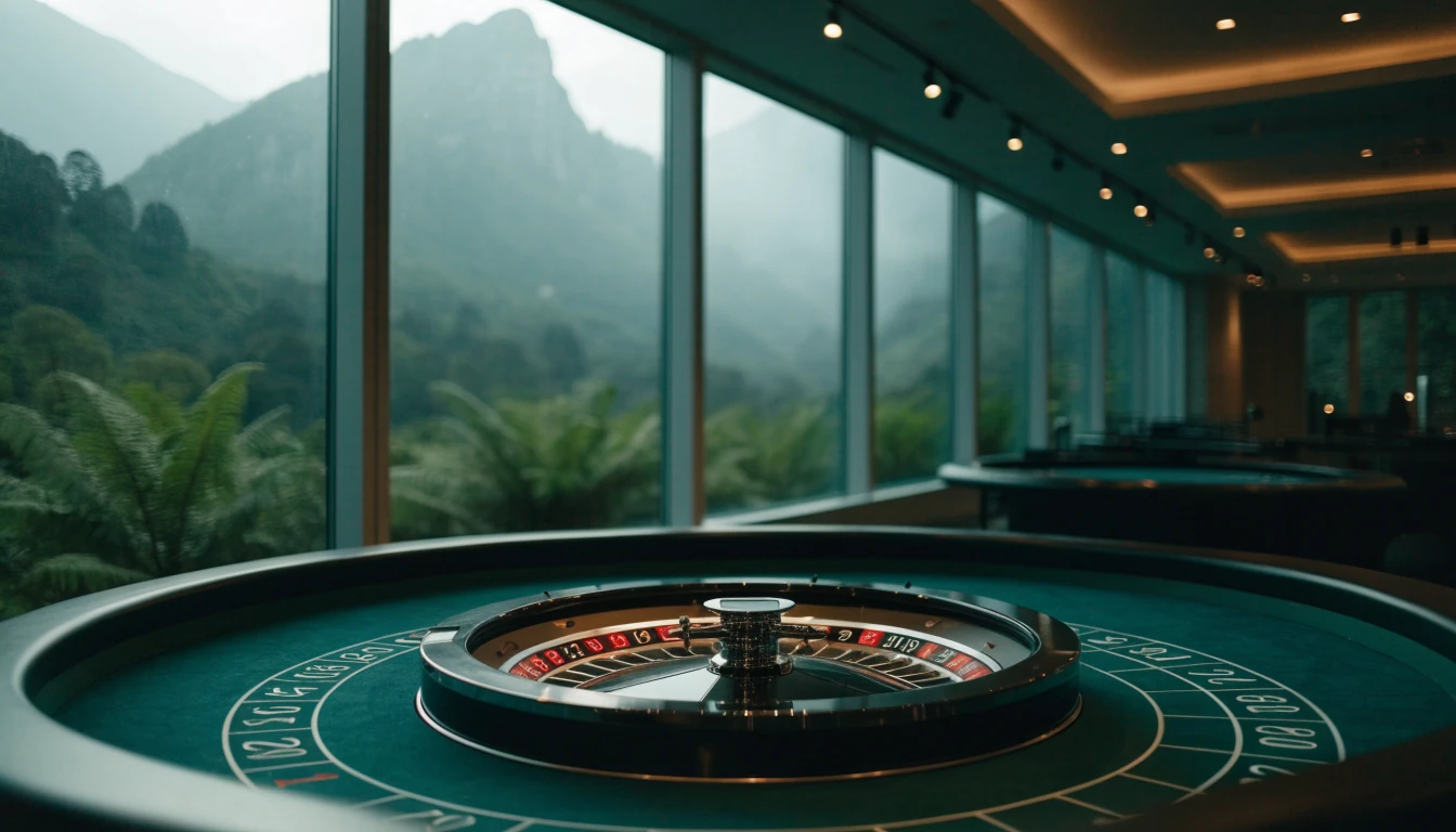 Empty automated roulette table with misty New Zealand mountains visible through casino windows.