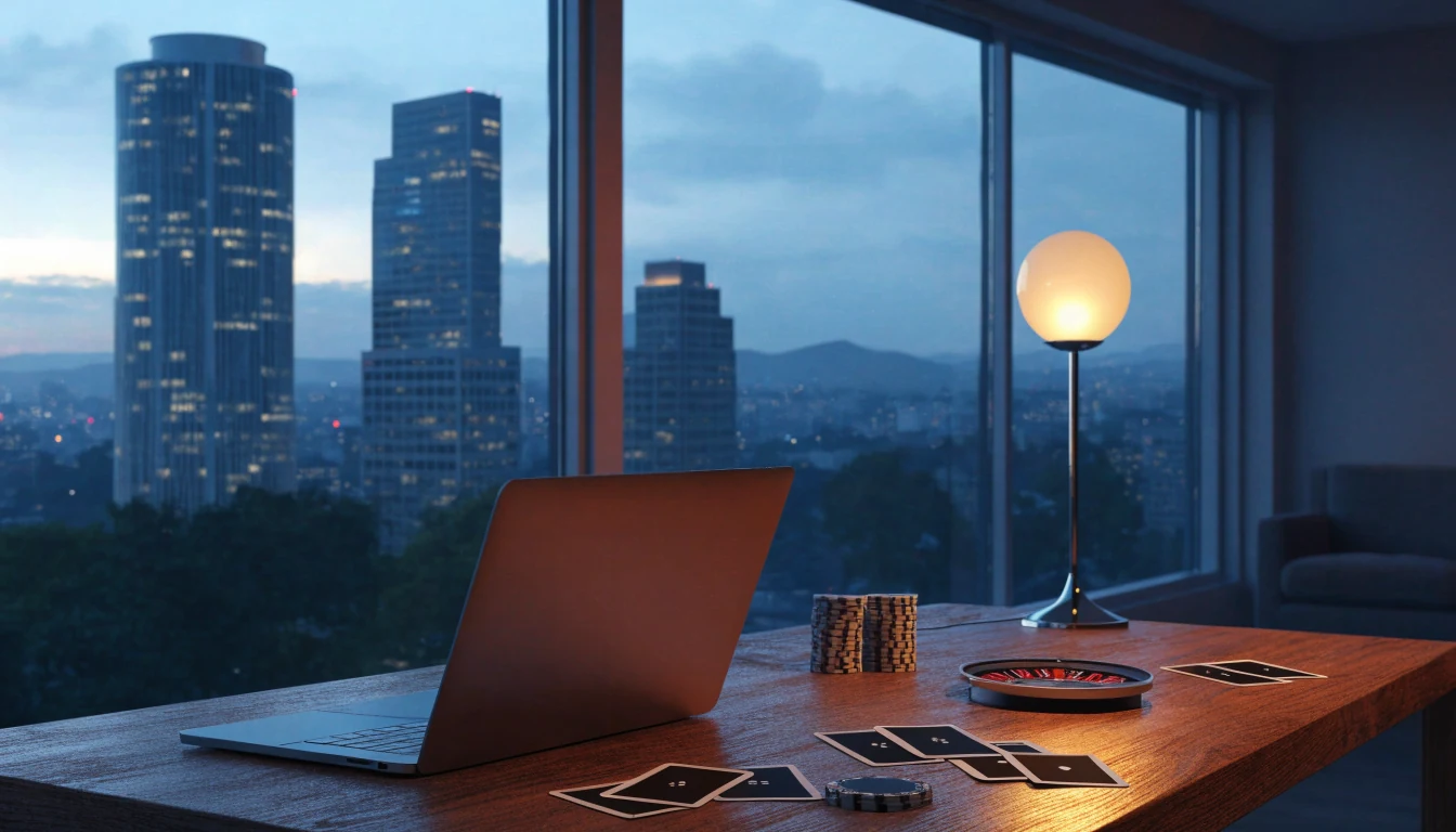 New Zealand desk with laptop, cards, chips, and roulette under evening light
