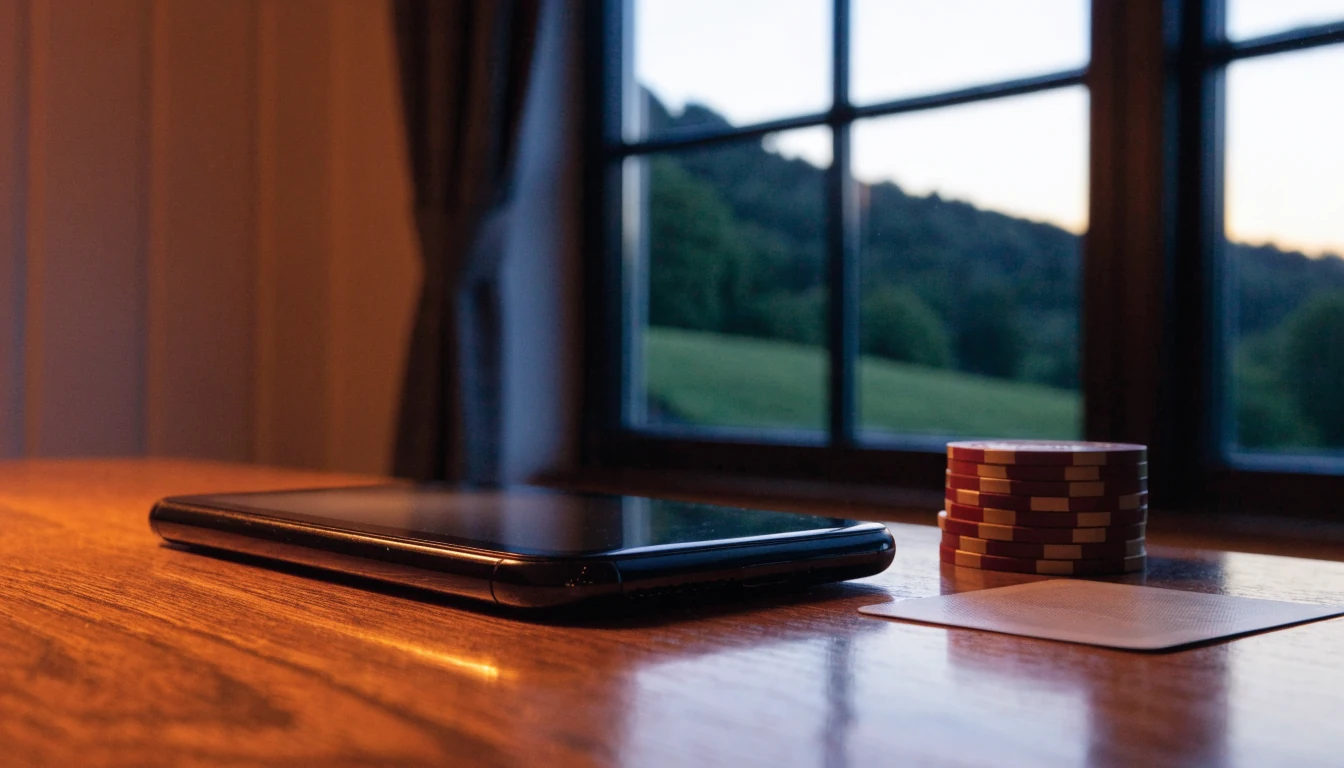 Smartphone with casino chips on a wooden table in a New Zealand home.