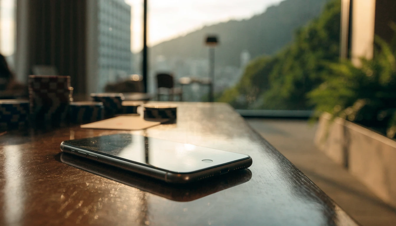 Smartphone on a table with casino chips in a modern New Zealand apartment at golden hour.