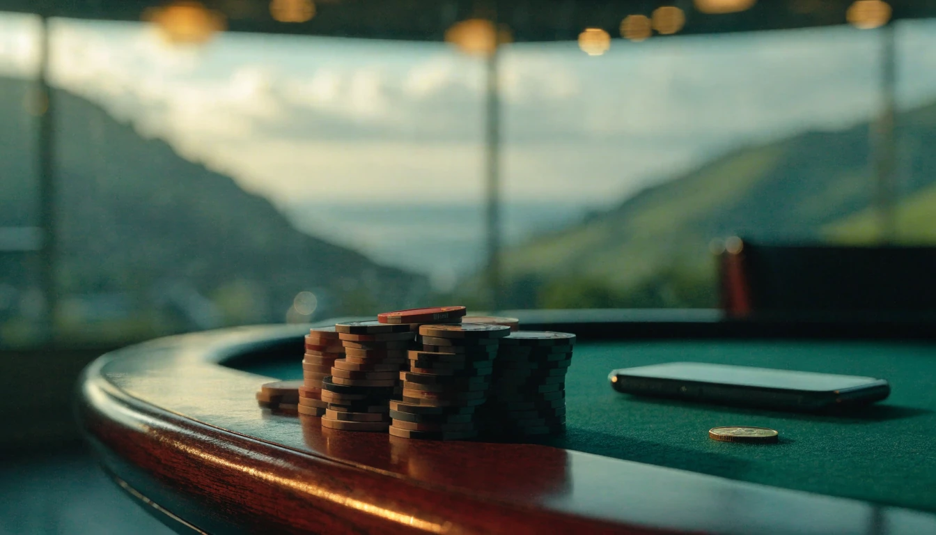 Casino chips and a phone on a table with New Zealand coastline at sunset