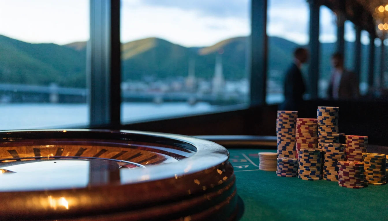 Elegant roulette table with chips and New Zealand twilight harbor view
