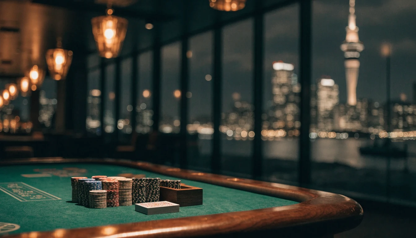 Elegant blackjack table with chips in an Auckland casino at night