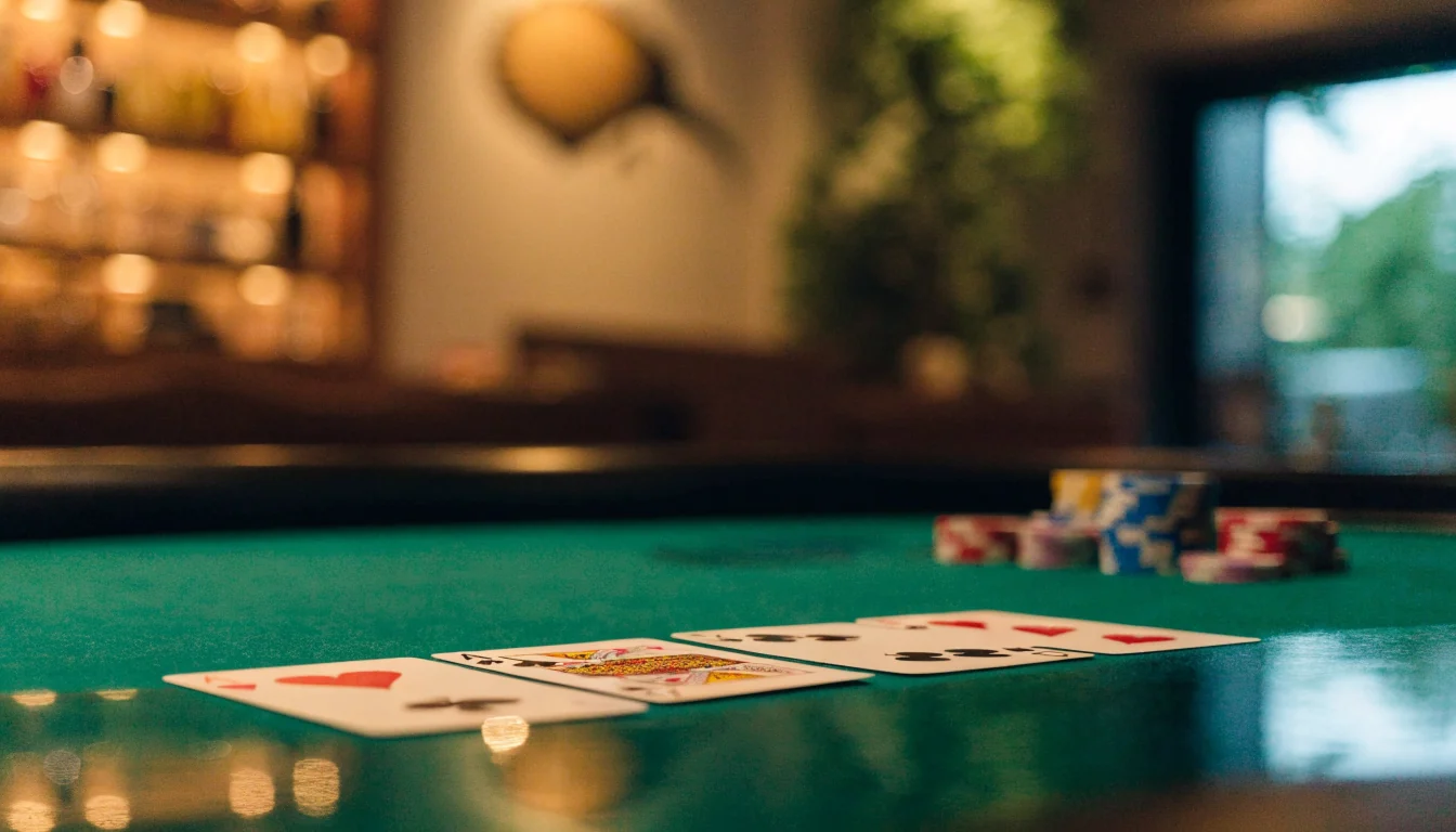 Blackjack table with cards and chips in a New Zealand casino.