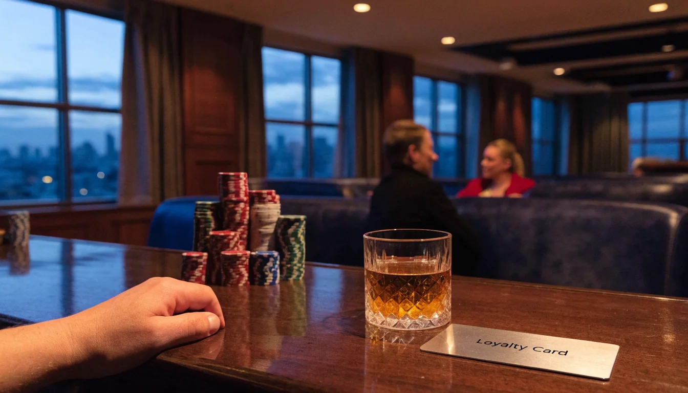 Elegant New Zealand casino VIP lounge with chips and loyalty card