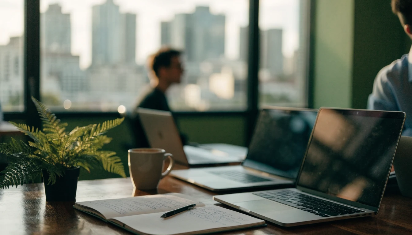 Editorial team workspace in New Zealand with laptops and notebooks on a wooden desk