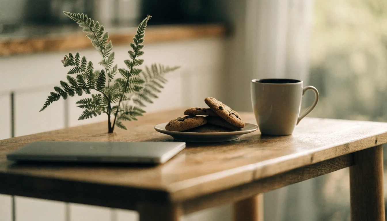 Plate of cookies with coffee cup and a fern on a wooden table.