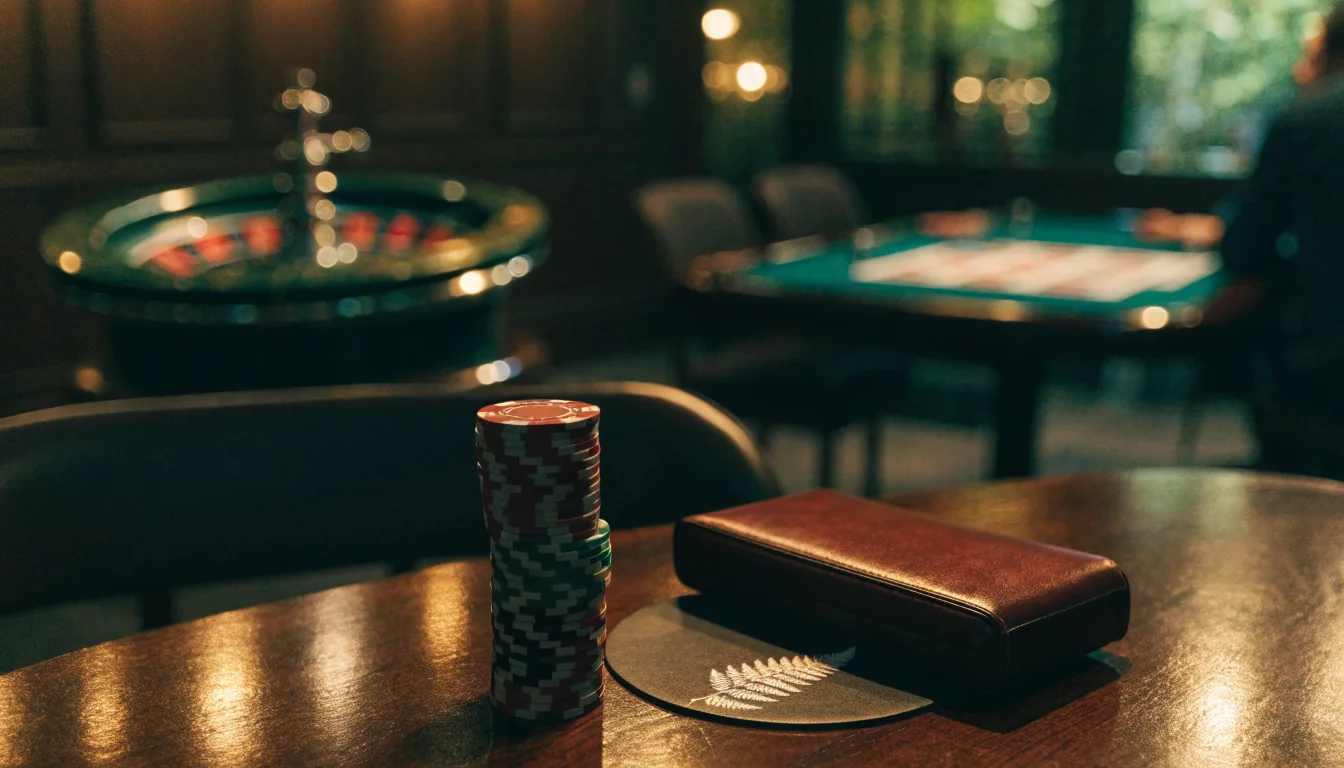 Stylish casino lounge with chips and roulette, subtle New Zealand fern accent.
