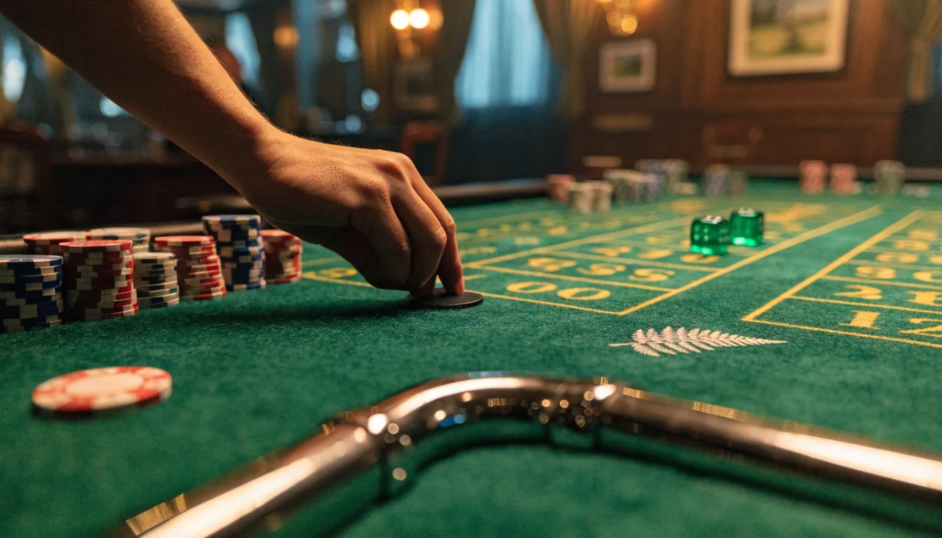 Green craps table with casino chips and dice, New Zealand setting