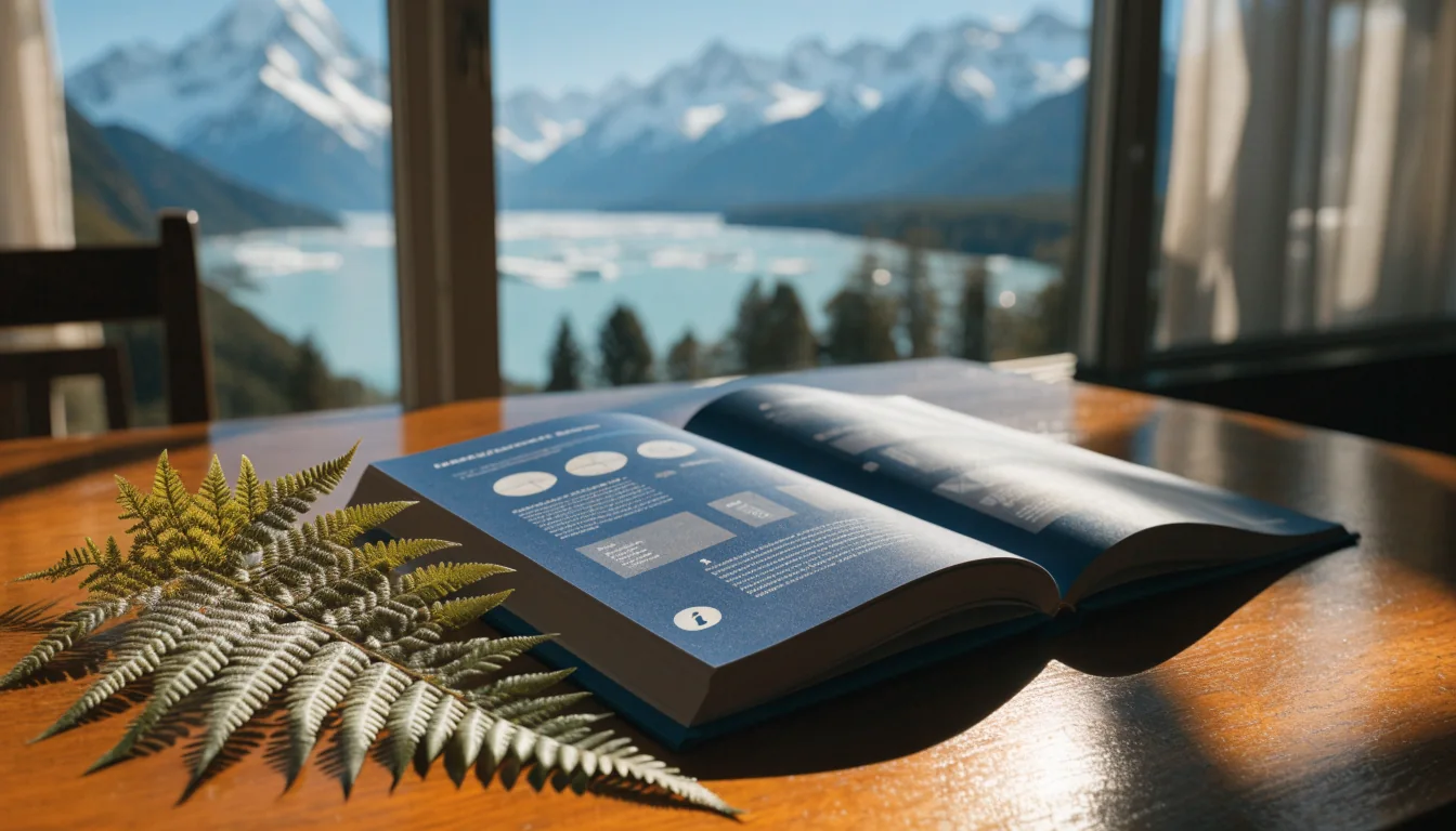 Open informational booklet with silver fern on a wooden table overlooking New Zealand Southern Alps