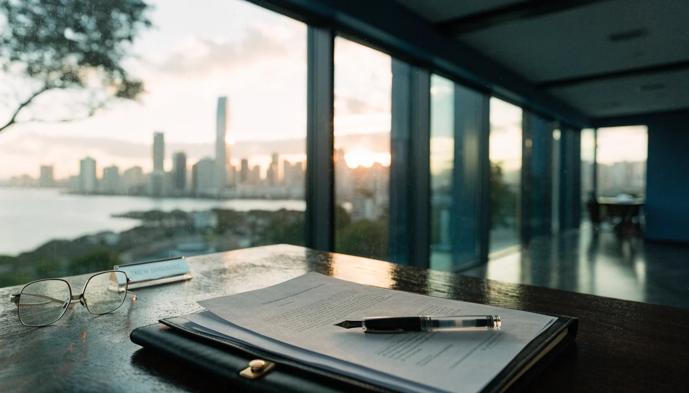 Legal documents on a desk in a modern office with city view