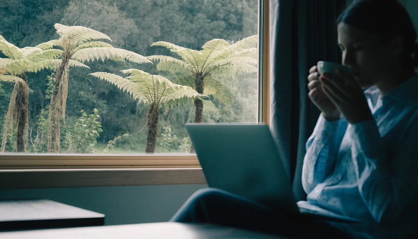 Person beside a fern-framed window in a New Zealand home, laptop screen turned away