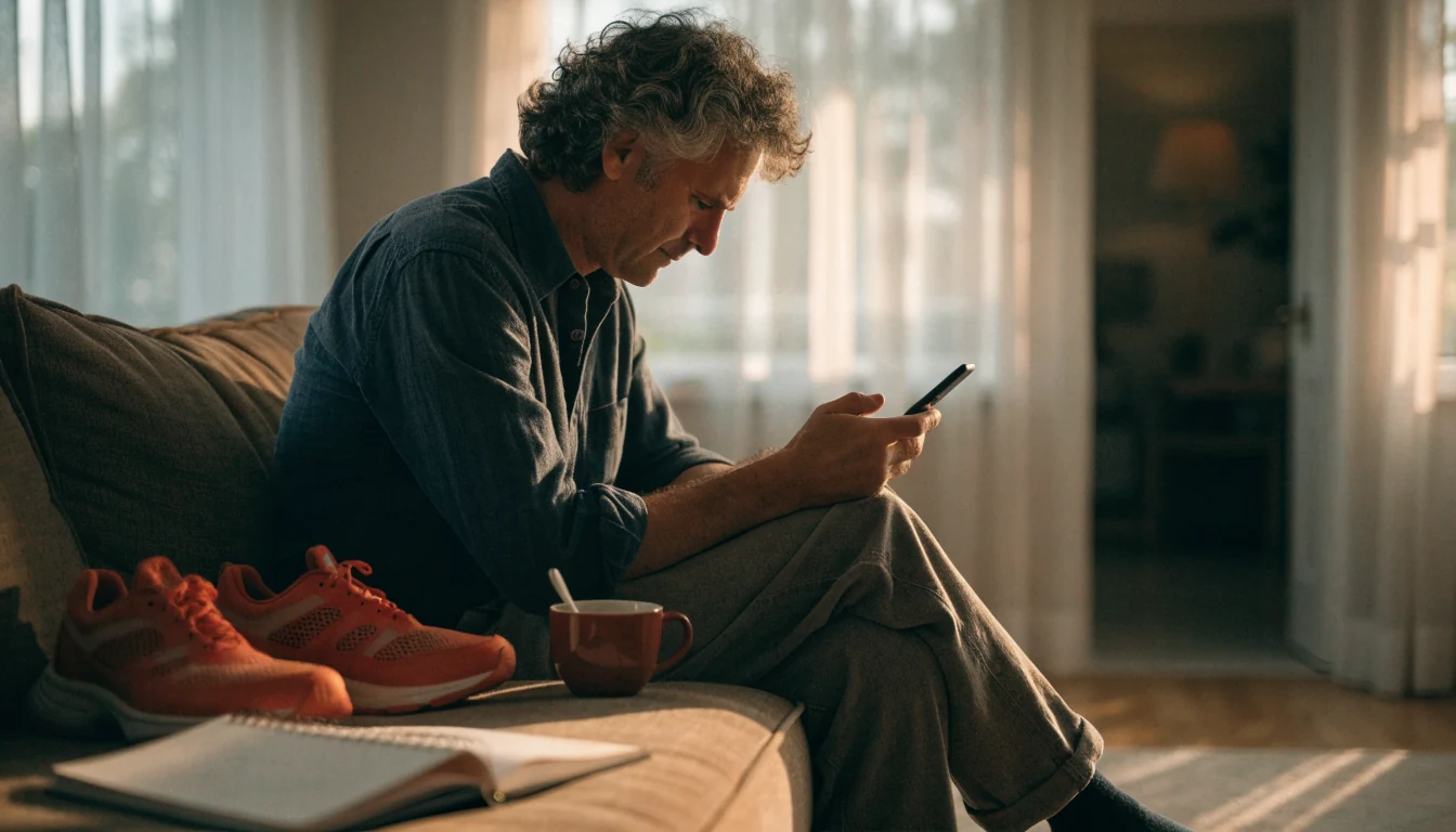 Man in New Zealand home setting phone down, considering healthier choices