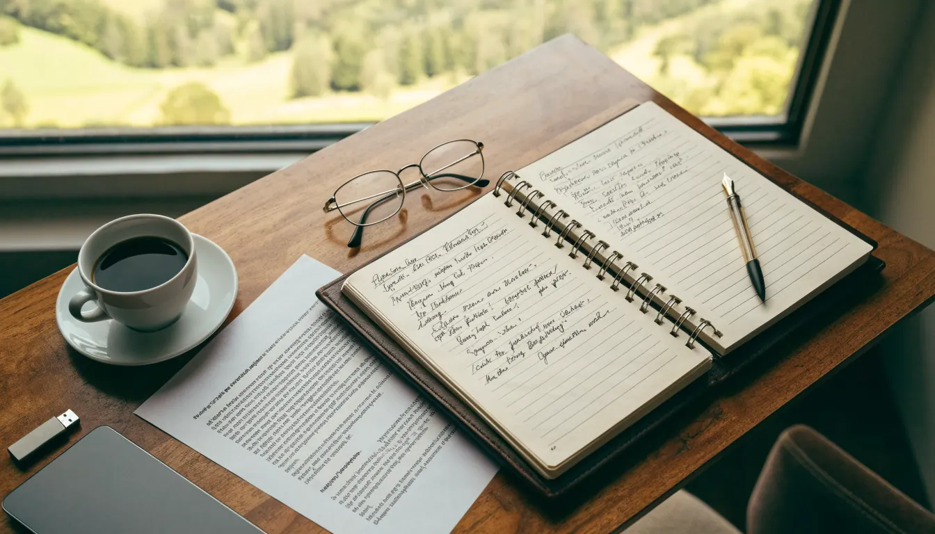 Legal document and notebook on a wooden desk with New Zealand countryside view